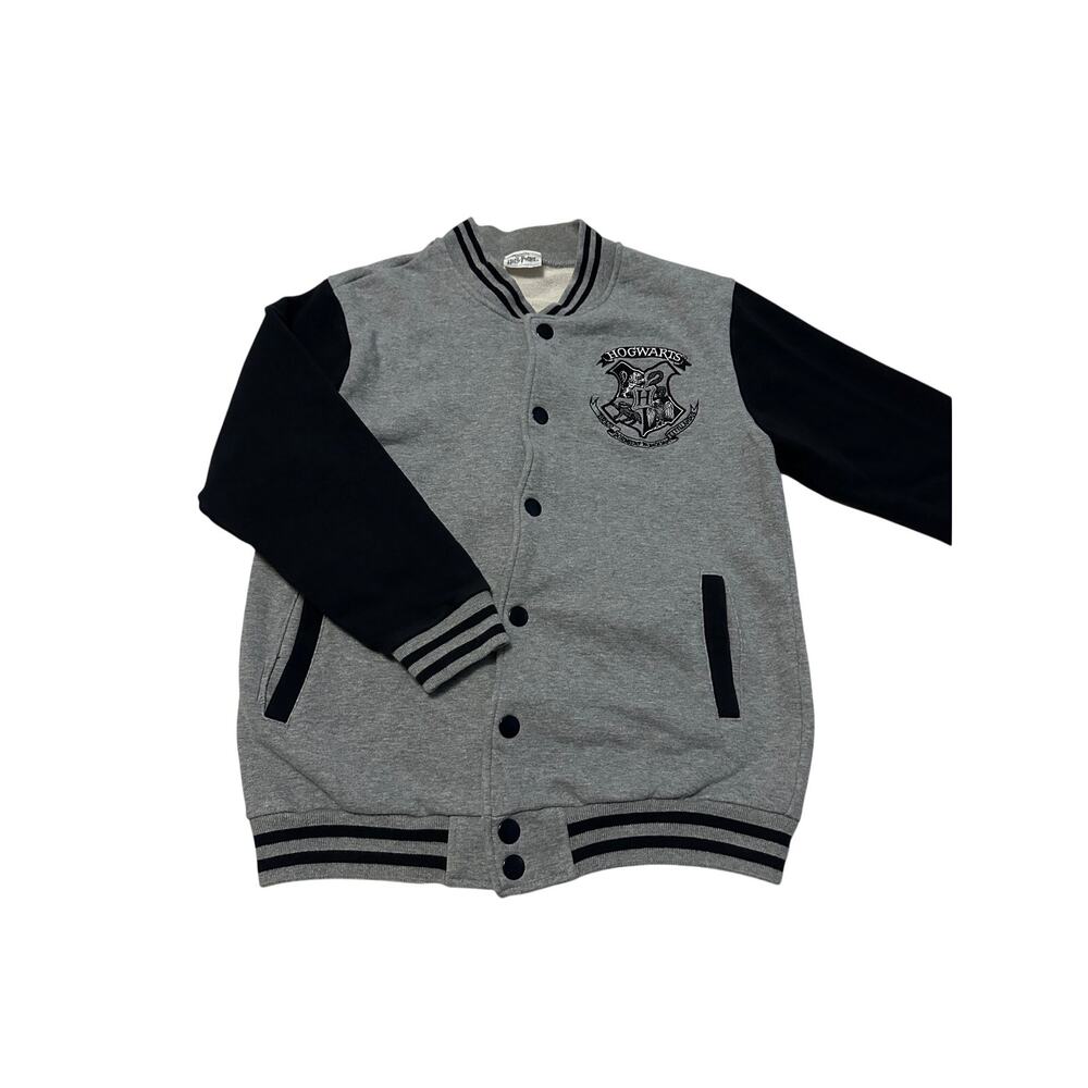 Harry Potter Hogwarts Varsity Jacket Youth Gray Black Spellout Crest Button Up S